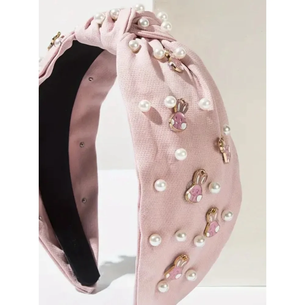 Pink Top Knot Headband with Easter Bunny Charms and Faux Pearls